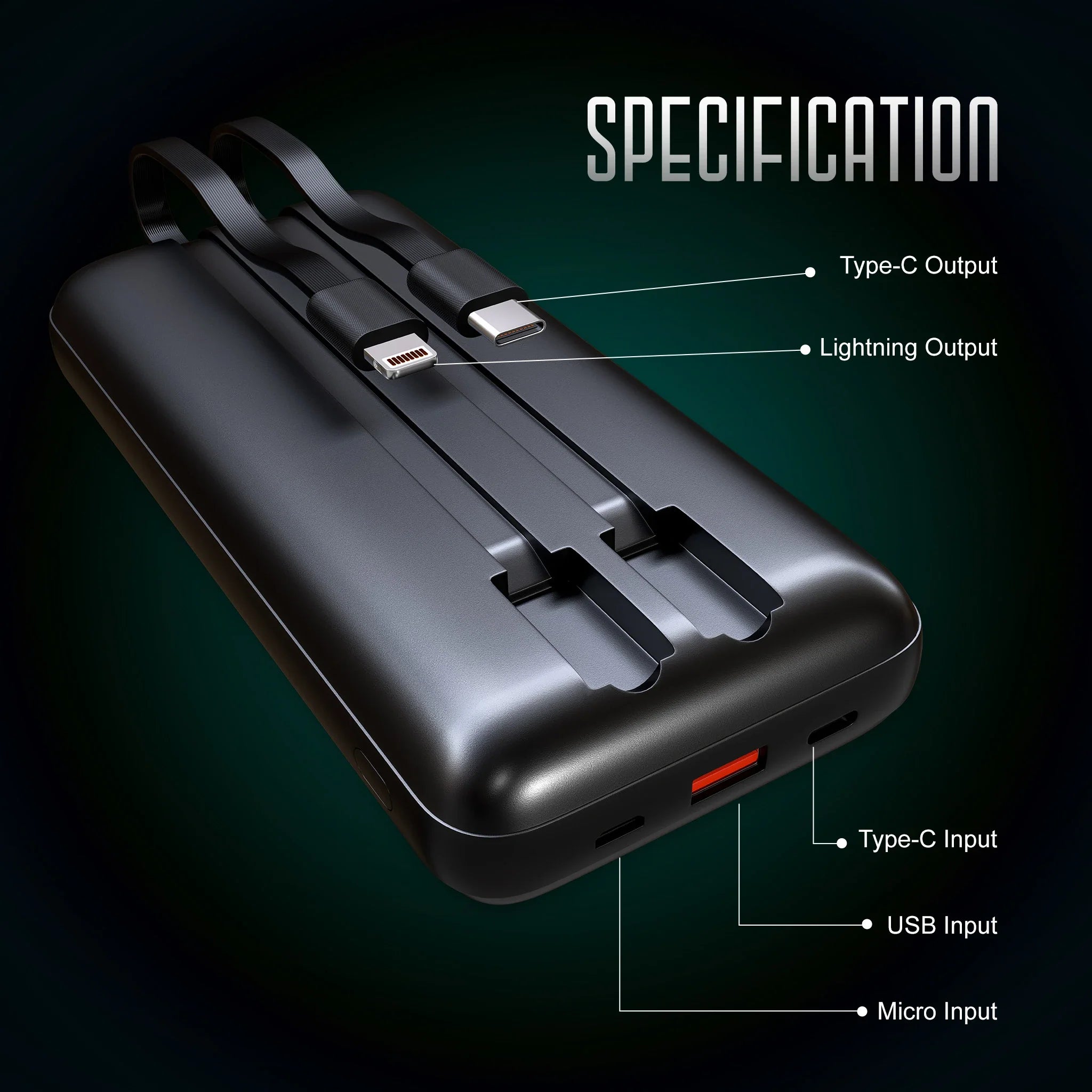 20000mAh power bank with built-in cables