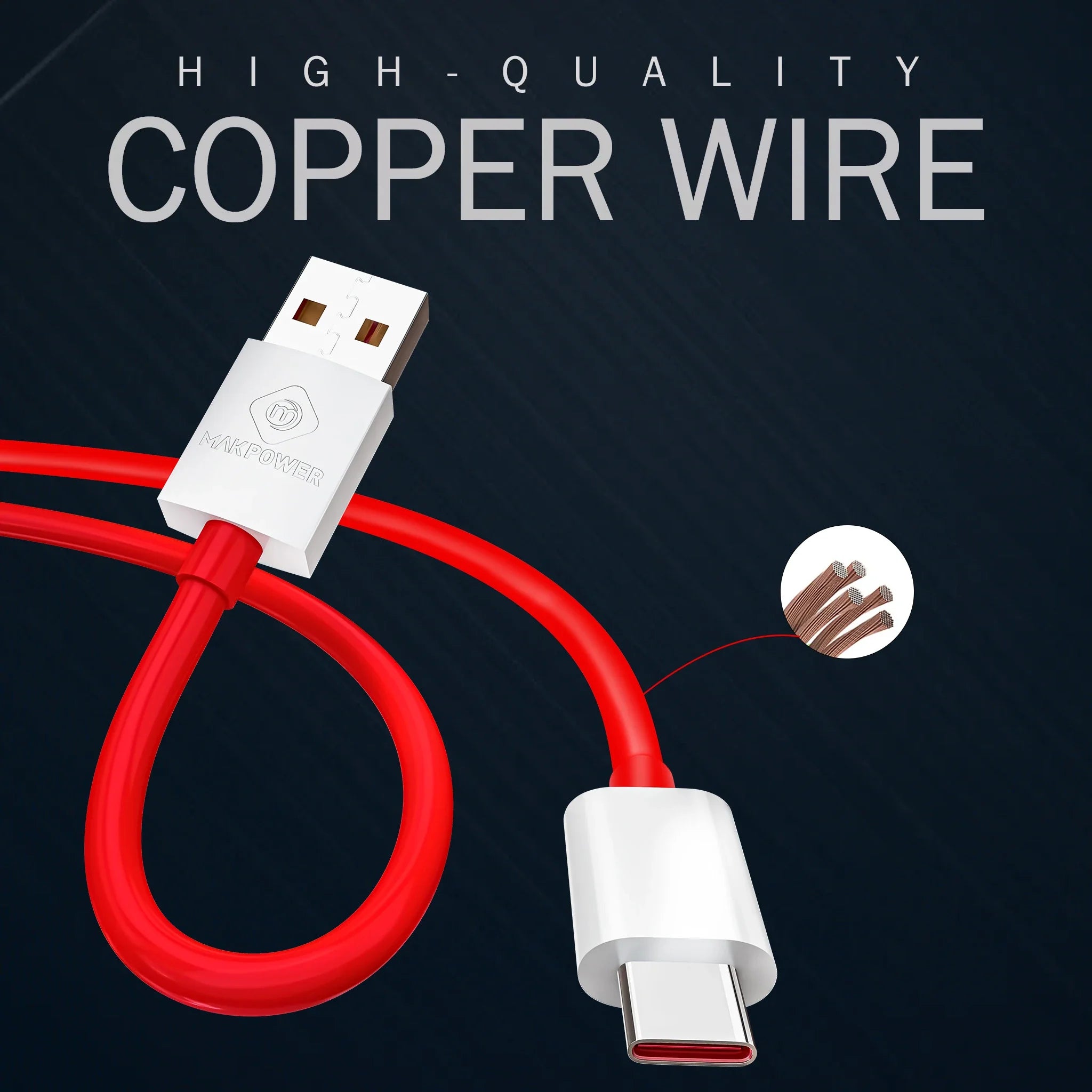 MakPower 65W SUPER VOOC USB Cable - Durable braided cable for fast charging and high-speed data transfer, compatible with smartphones, tablets, and laptops.